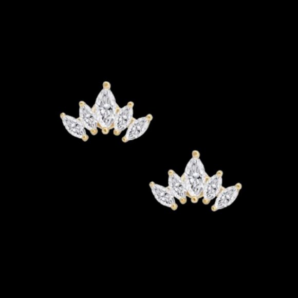 9kt Solid Gold Marquise Cut CZ Five Petal Lotus Stud Earrings - Picture 1 of 2